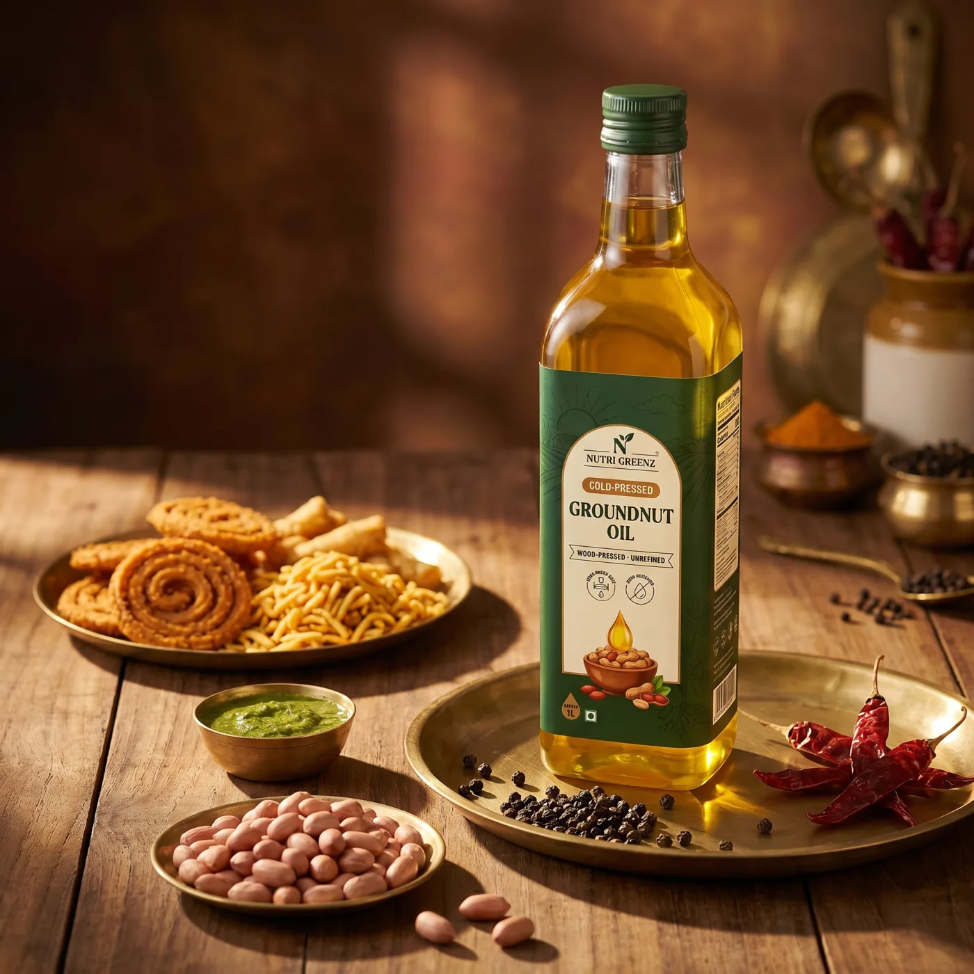 Cold-pressed oil poured in an Indian kitchen