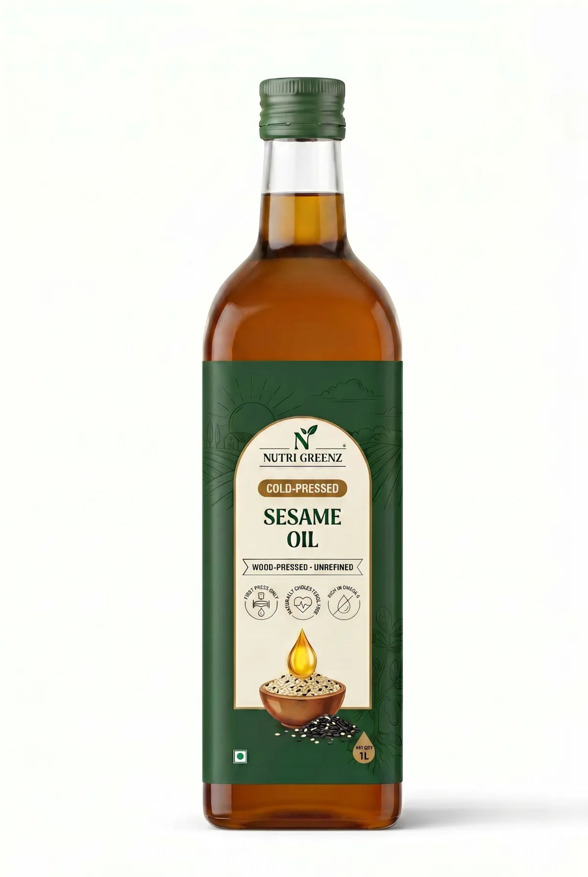 Cold-pressed sesame oil in a glass bottle