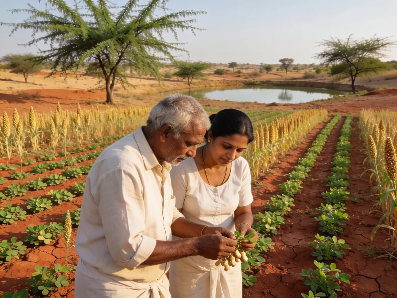 Two farmers inspecting a groundnut crop in red dryland soil at Anantapur