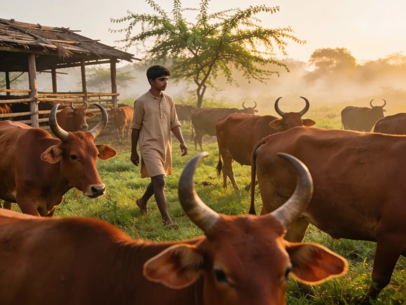 A herd of Gir cows grazing at first light on a partner farm