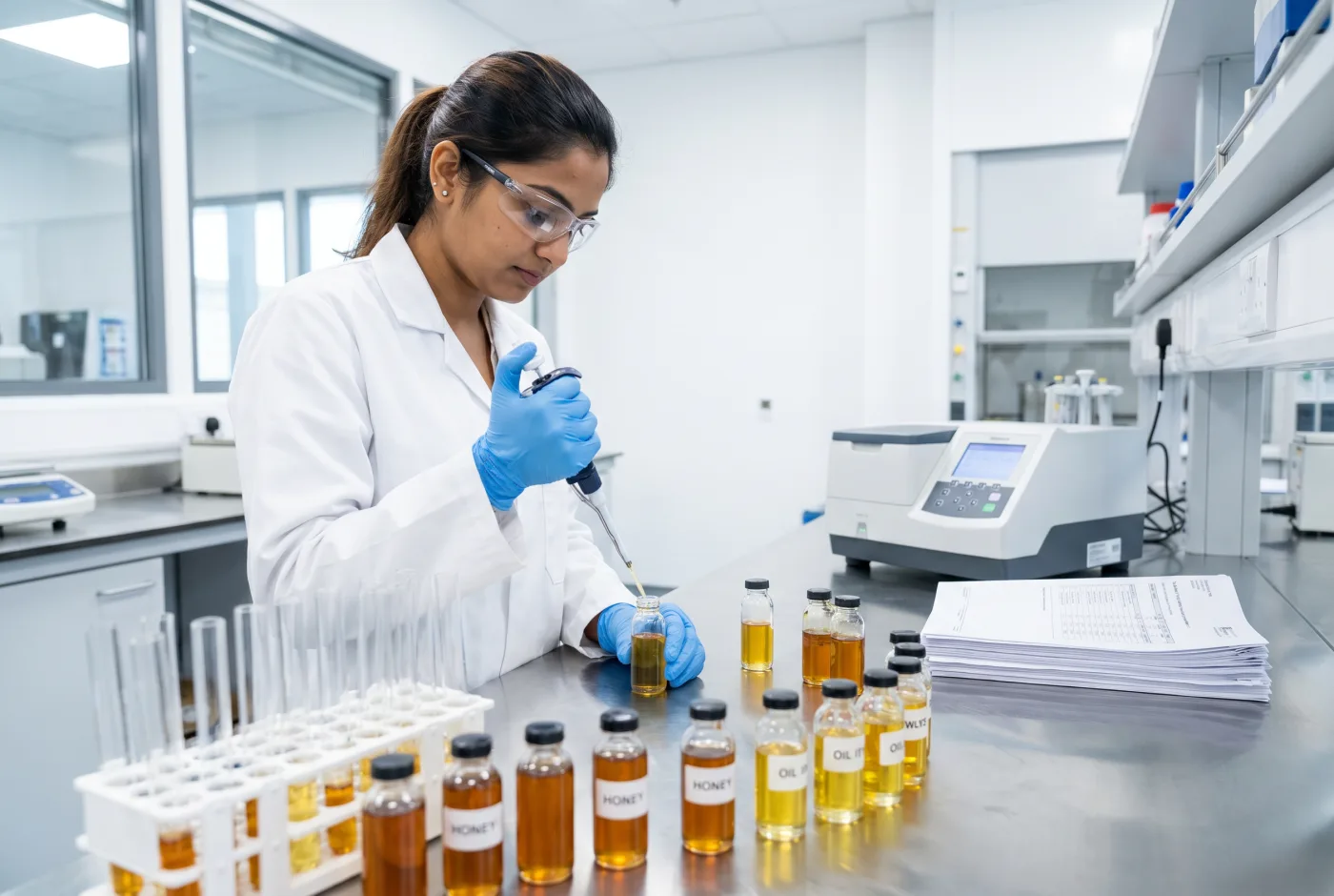 A technician pipetting an oil sample into a vial at the Nutri Greenz Hyderabad bench