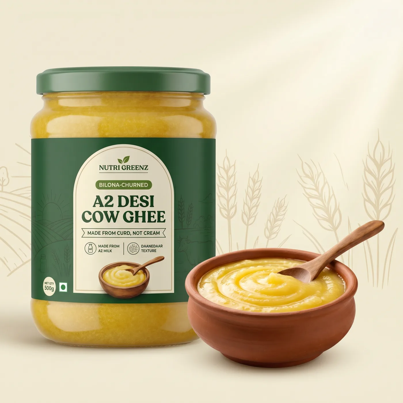A2 ghee jar with a filled bowl