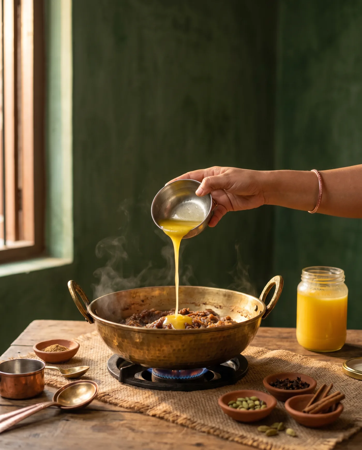 Golden A2 Bilona ghee poured in an Indian kitchen
