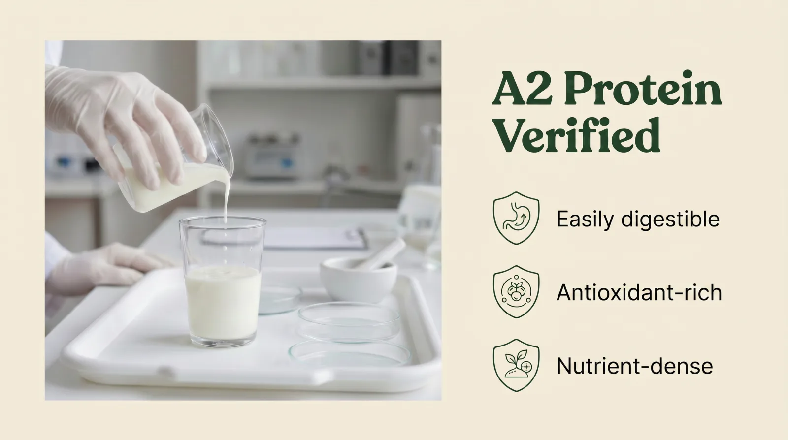 A2 protein verified · easily digestible, antioxidant-rich, nutrient-dense