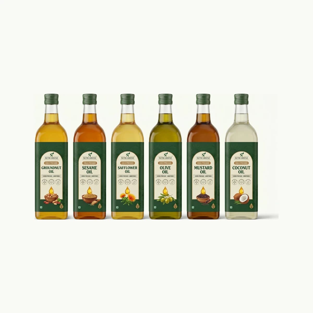 The Nutri Greenz cold-pressed oil range, each bottle carrying its own lot code